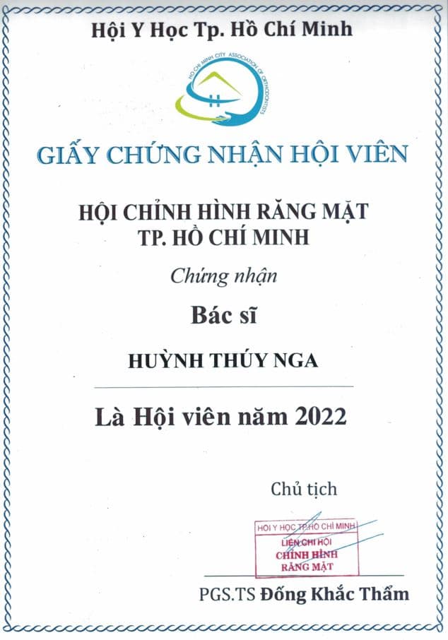 Giấy chứng nhận hội viên Hội Chỉnh hình Răng mặt TP.HCM