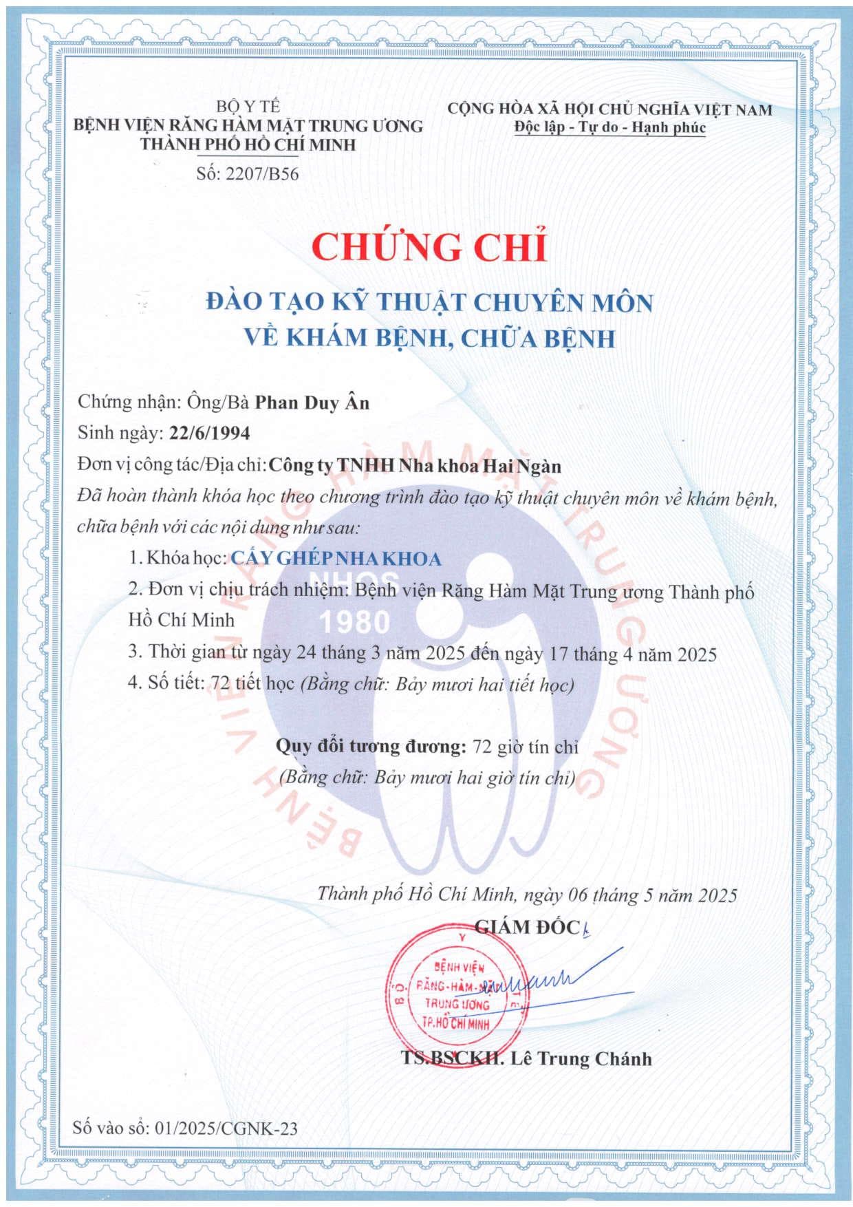 Chứng chỉ đào tạo kỹ thuật chuyên môn Cấy ghép nha khoa