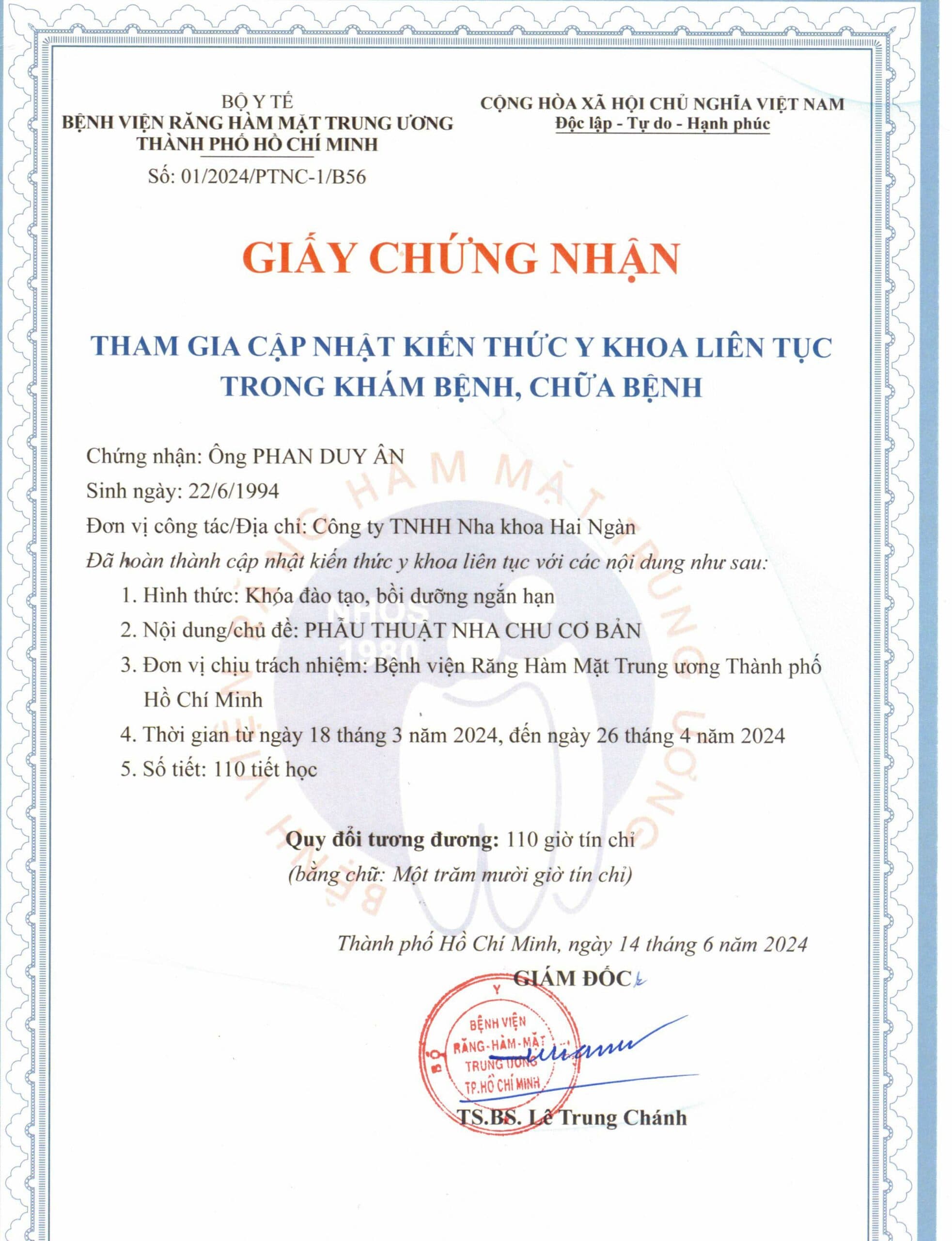 Chứng nhận cập nhật kiến thức y khoa liên tục: Phẫu thuật nha chu cơ bản