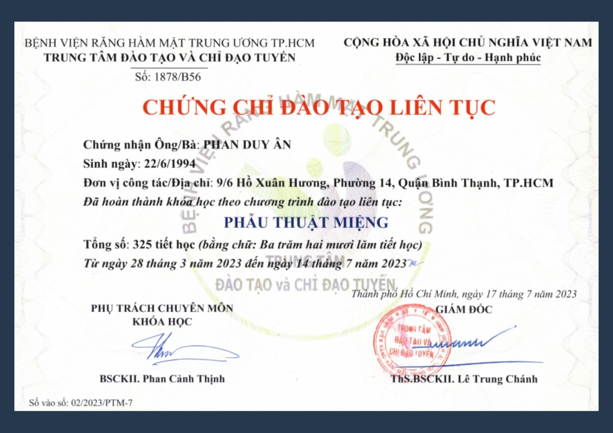 Chứng chỉ đào tạo liên tục Phẫu thuật miệng