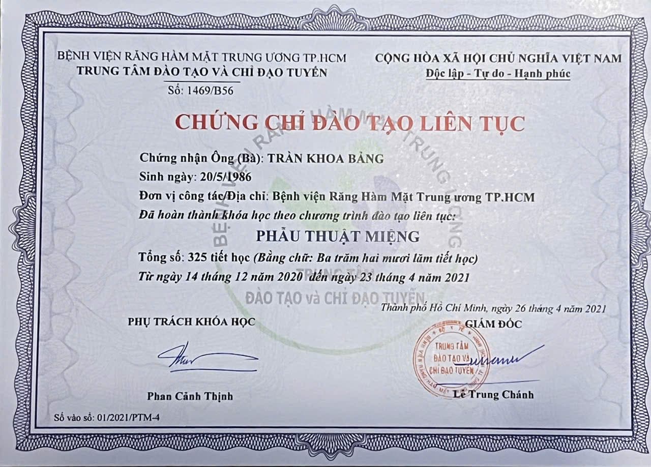 Chứng chỉ đào tạo liên tục Phẫu thuật miệng